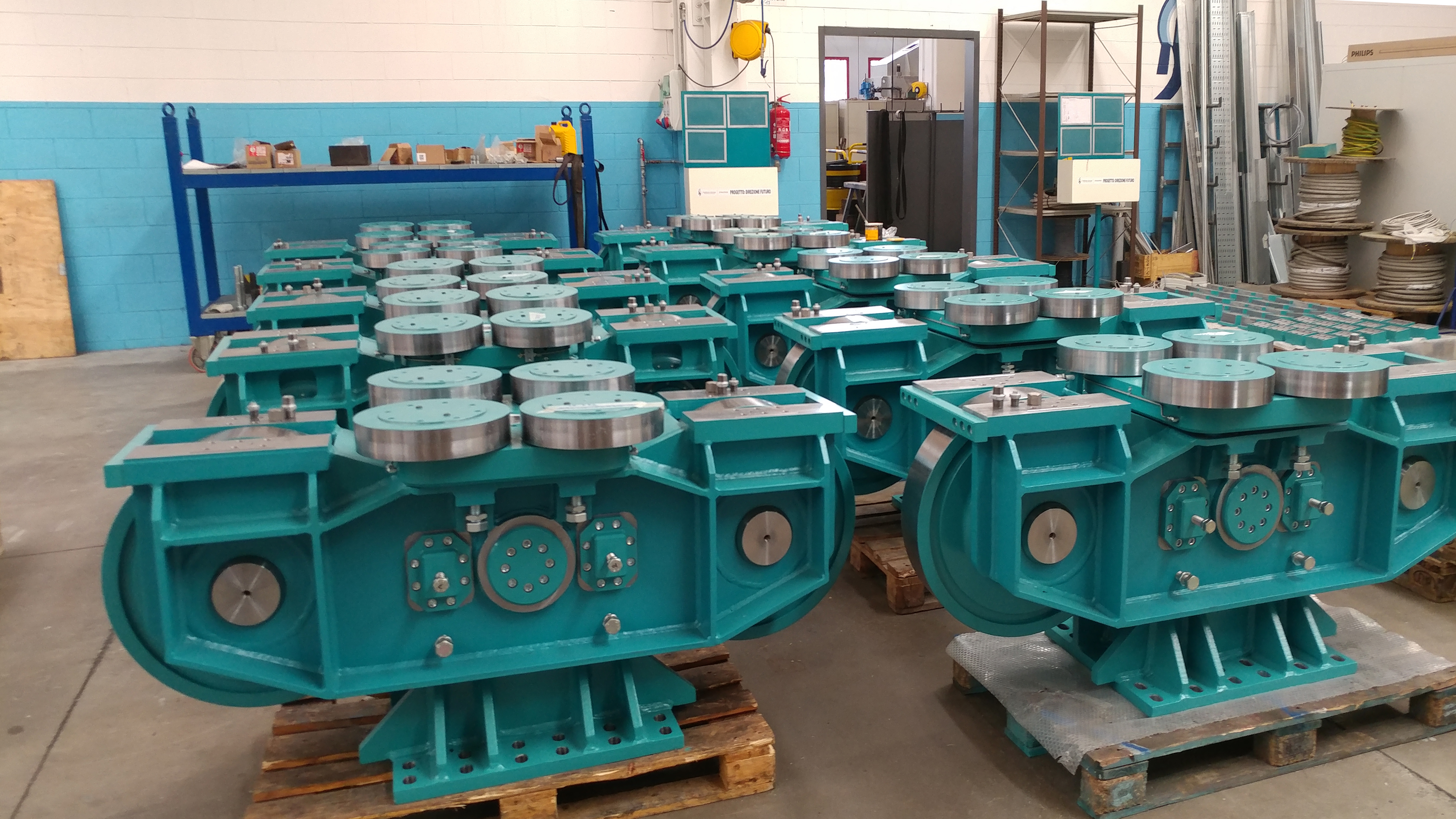 The completed 15 bogie wheel assemblies (14 are used by the LSST dome, with 1 spare). These were all inspected at the EIE fabrication vendor Galbiati Group in Lecco, Italy.